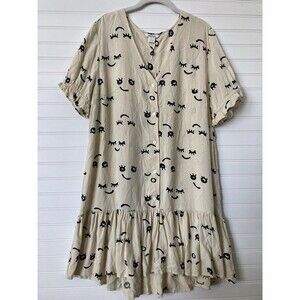 Monkl Mini Dress Tunic Face Print MEDIUM Women Ruffle Hem Artsy  Quirky Boho